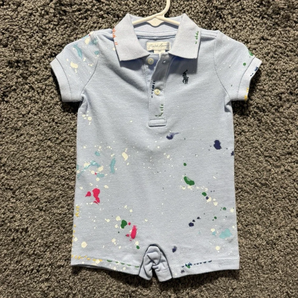 Ralph Lauren Polo Romper Baby Boy Size 3 Months Blue Paint Splatter Preppy NWT